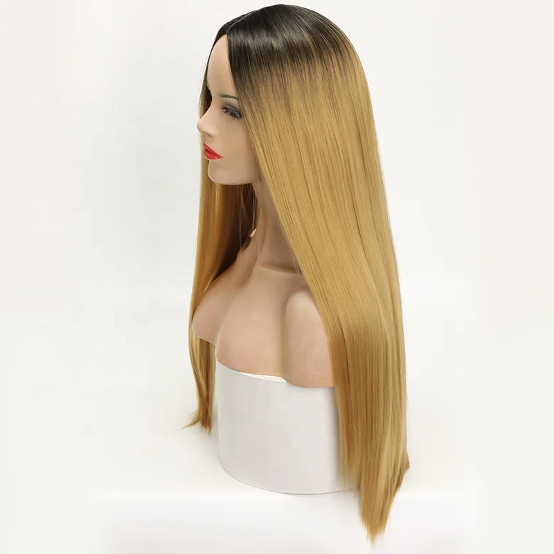 Medium part medium long hair with brown gradient wig