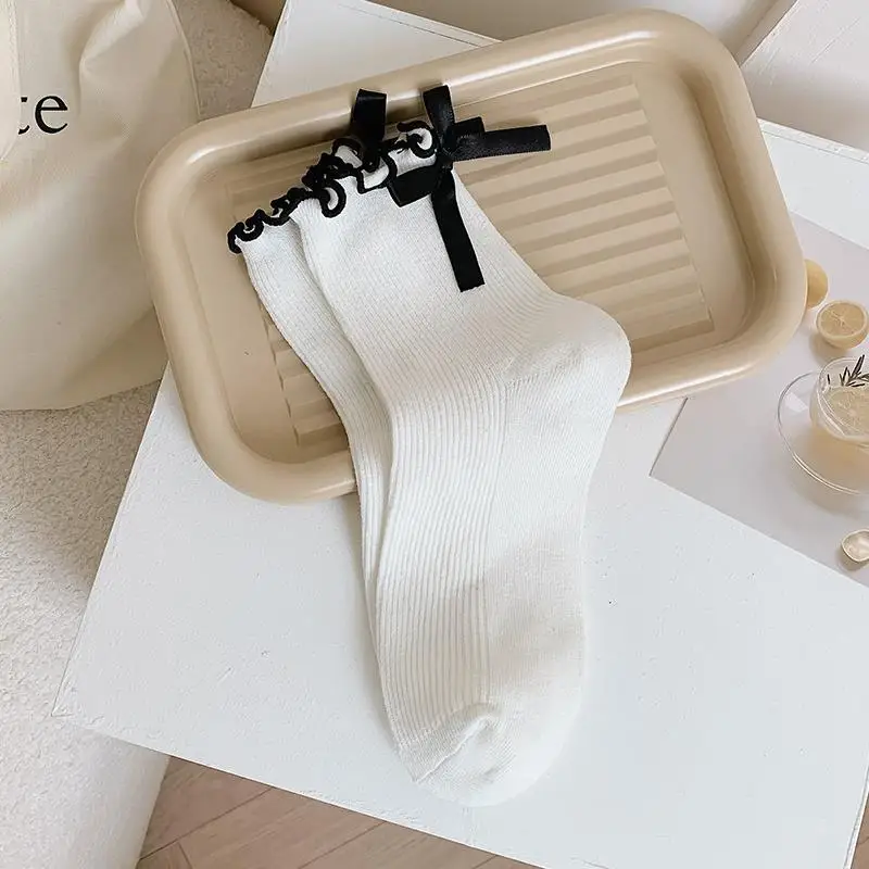 Hot Selling Lovely Stylish Ruffle Soft Cotton Girl Women Crew Socks With Bow