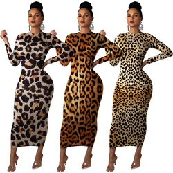 Leopard Print Long Sleeve Dresses Women Elegant African Winter Autumn Fall Maxi Sexy Club Animal Print Dress