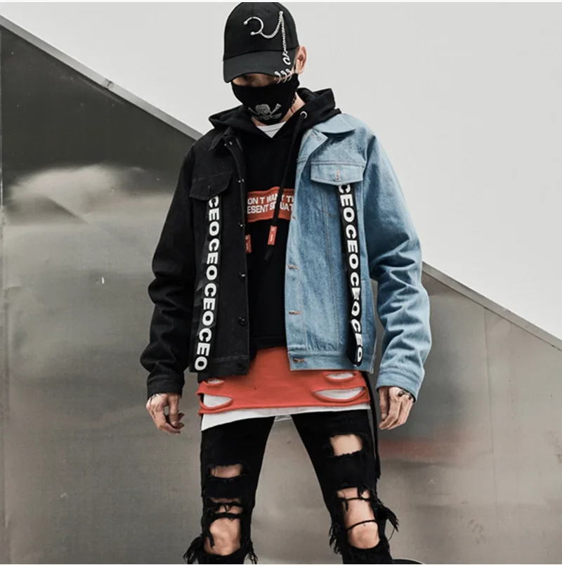 Wholesale Sherpa Selvedge Painted Patchwork two tone Jean Red Denim Jacket In Bulk