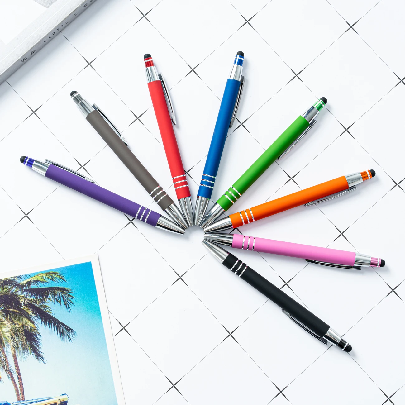 JH Office Supplies Custom Logo Pens 3 Rings Click Action Metal Ballpoint Pens With Screen Touch