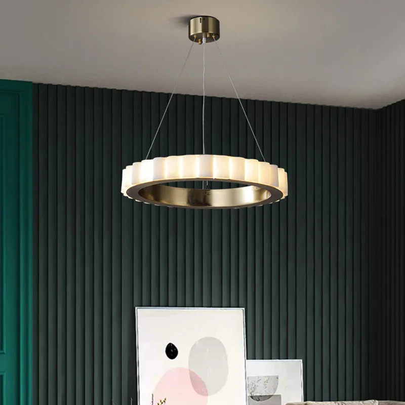 Luxury Marble Stone Living Room Pendant Light Nordic Bedroom Dining Room Circular Ring Alabaster Chandelier