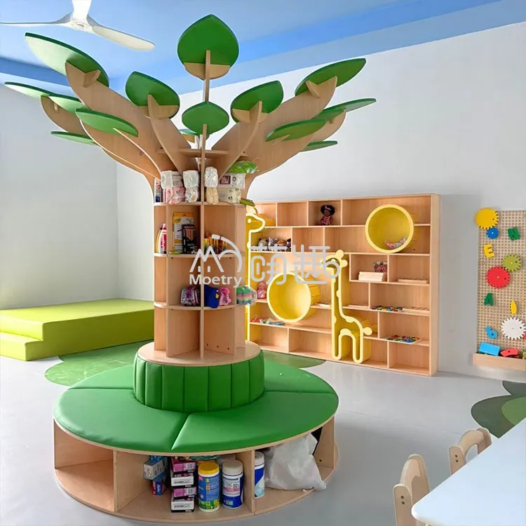 Moetry Forest Theme Wooden Reading Tree Shaped Bookshelf for Daycare Preschool Classroom Reading Room Library Furniture