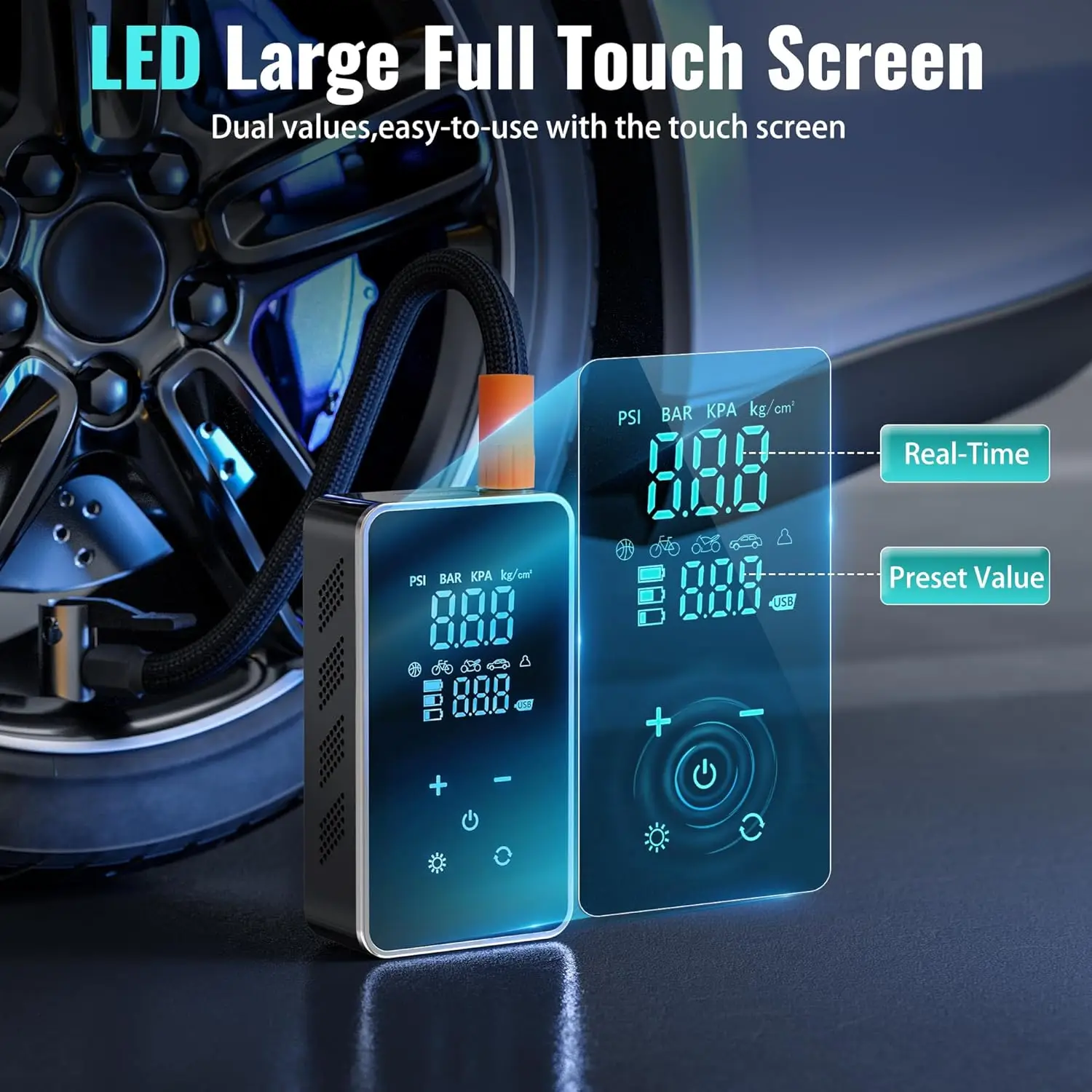 LED large full touch screen multipurpose portable air compressor wireless car tire inflator super fast inflation with SOS light