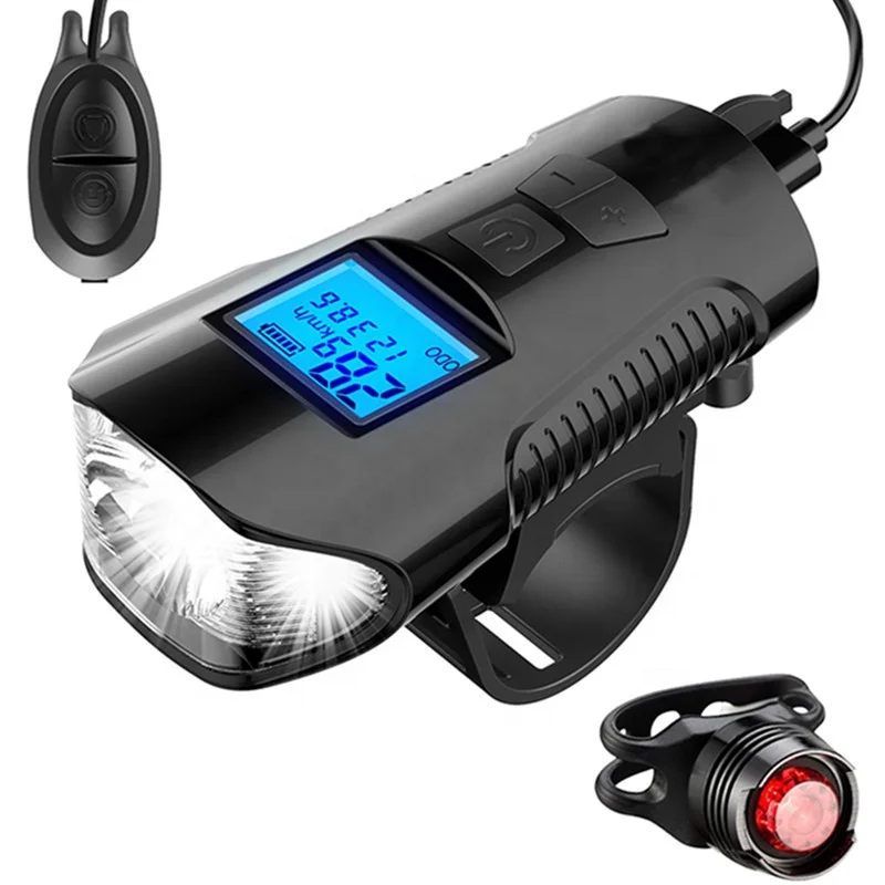 Waterproof USB Charging 5 Mode Speedometer Luz de bicicleta Rechargeable Bicycle Front & Tail Light Set With Horn For Cycling