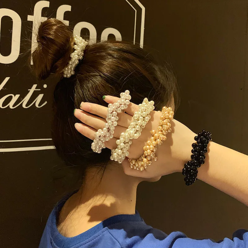 Candy Color Handmade Crochet Full Crystal Pearls Elastic Hair Bands Elegant Ponytail Hair Ties For Women