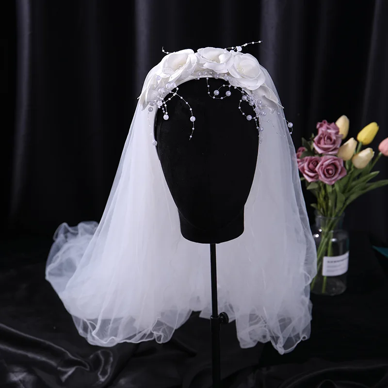 Beautiful Fashion Flower Appliquer Wedding Hair Accessories White Hairband Pearl Bridal Hair Veil