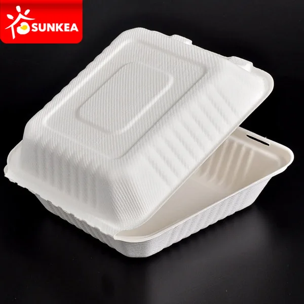 Sustainable biodegradable and compostable bagasse pulp clamshell box