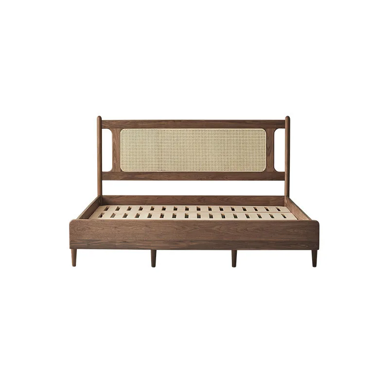 Modern minimalist solid wood bed home new Chinese style black walnut color rattan bed retro bed double small apartment