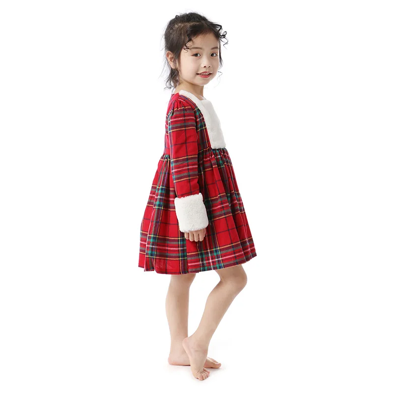 Wholesale Plaid Christmas Kids Baby Girls Party Dress Red Plain Lace Girls Dress