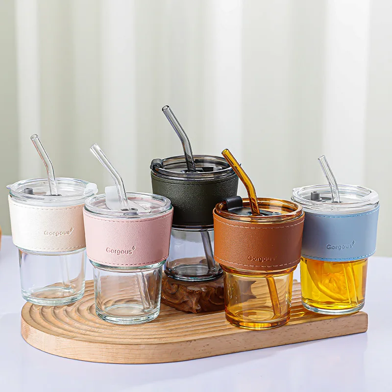 Hot Sale 400ml Iced Coffee Milk Glass Cup Bamboo Festival Glass Coffee Cup With Straw And Lid