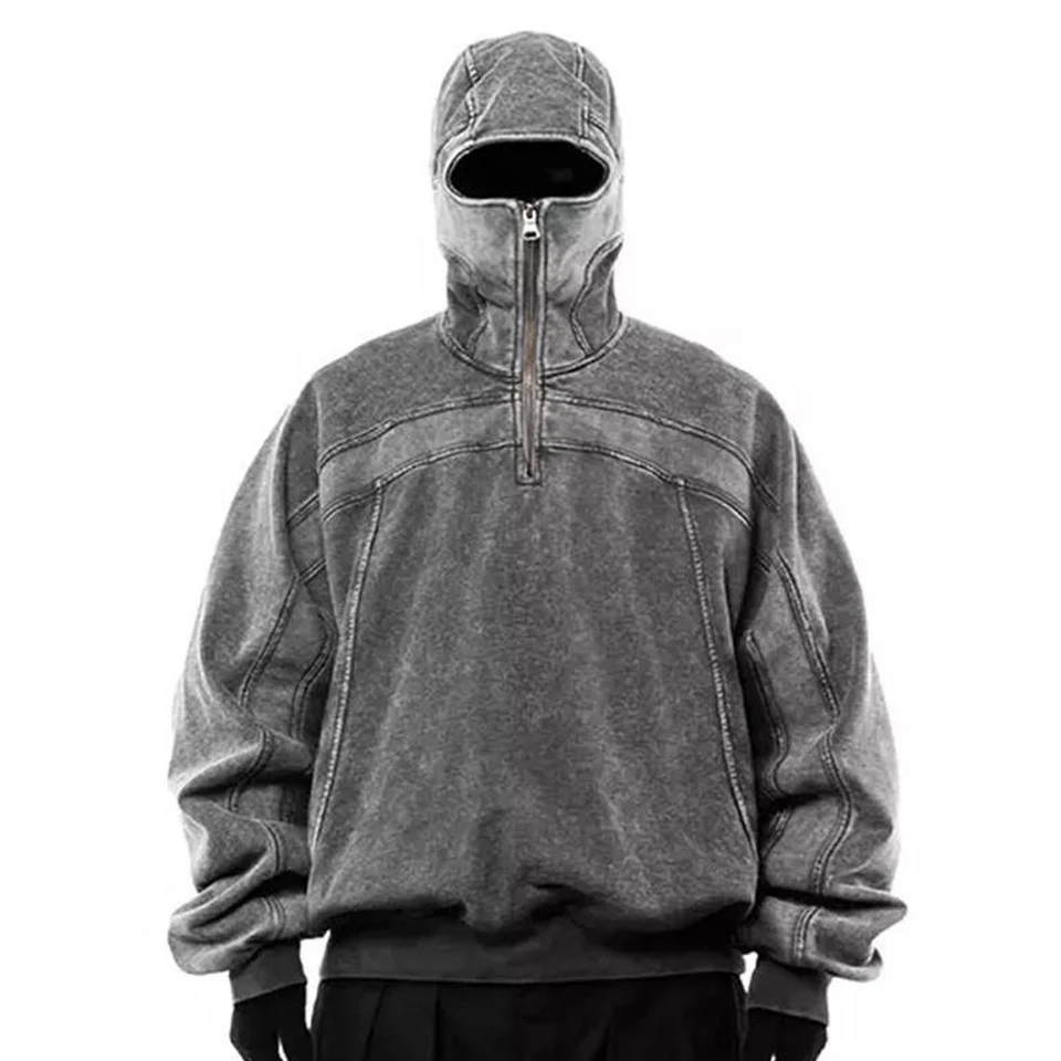Manufacturer ninja masked vintage blanks 500gsm heavyweight custom men stone acid wash full face zip up hoodie with eye hole