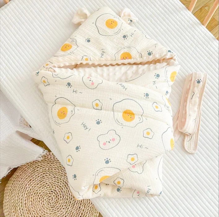 Stock Quick Delivery Mixed Patterns 100% Organic Cotton Hooded Towel Baby Wrap Blanket Nest Sleeping Bag Bear Fruit Pattern