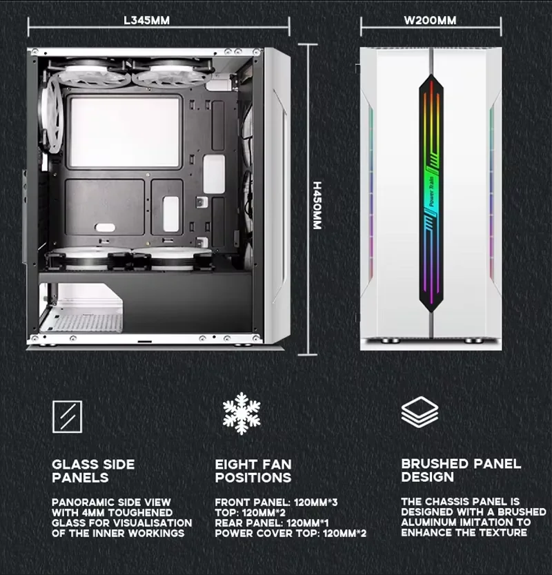 ES280 RGB White ATX Computer Case 240 Water Cooled Supports 8-Fan Position for Competitive Gaming and Micro ATX Motherboard