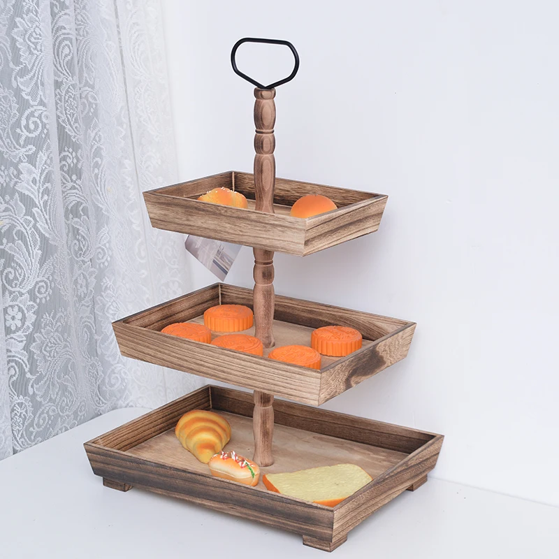 Farmhouse Decor Holiday Home Decoration Rectangle Tiered Tray Decorative 3 Tier Wood Serving Trays Storage Tray