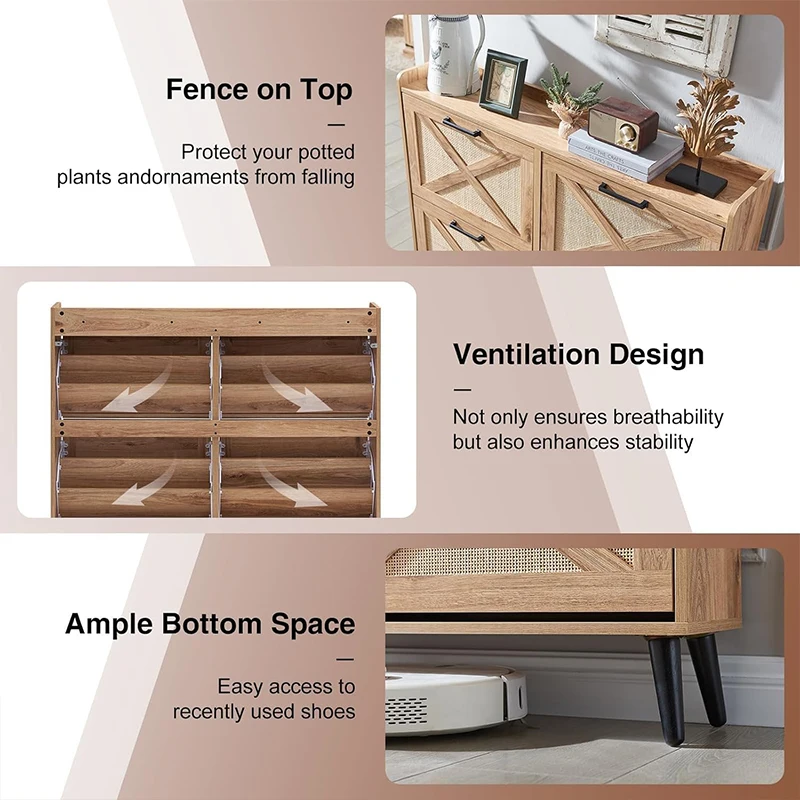 White Rattan Shoe Cabinet Rack MDF Wood Home Living Room Furniture with MDF Style for Kitchen Use