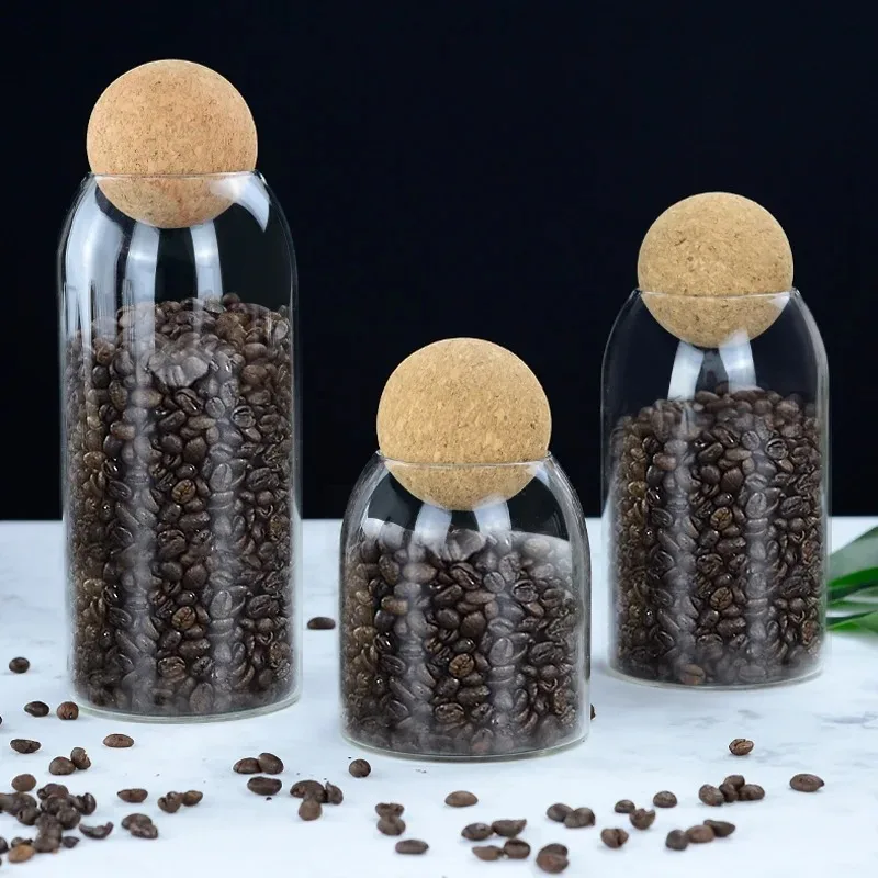 Wholesale kitchen clear glass jar food storage glass container with round ball cork lid coffee glass jar
