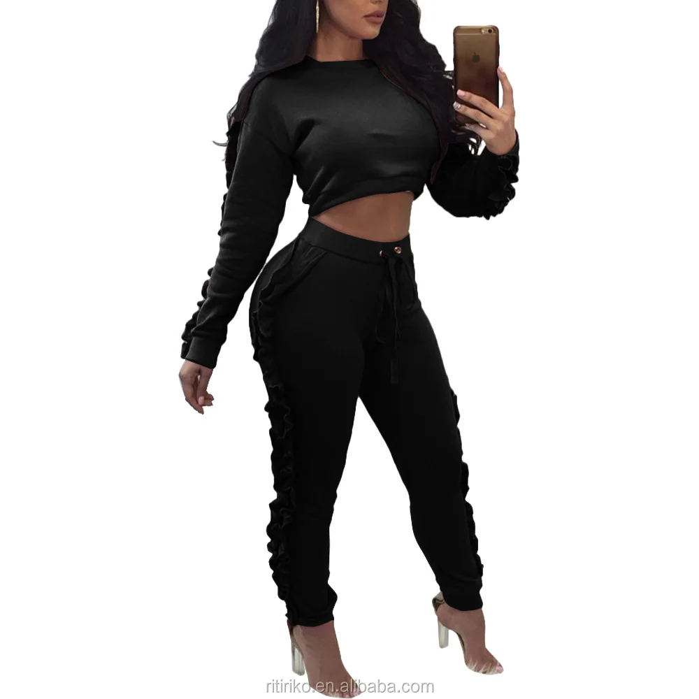 Модный новейший дизайн на заказ, Осень-зима, комплект из 2 предметов, укороченный Топ с длинным рукавом и толстовка, женский спортивный костюм