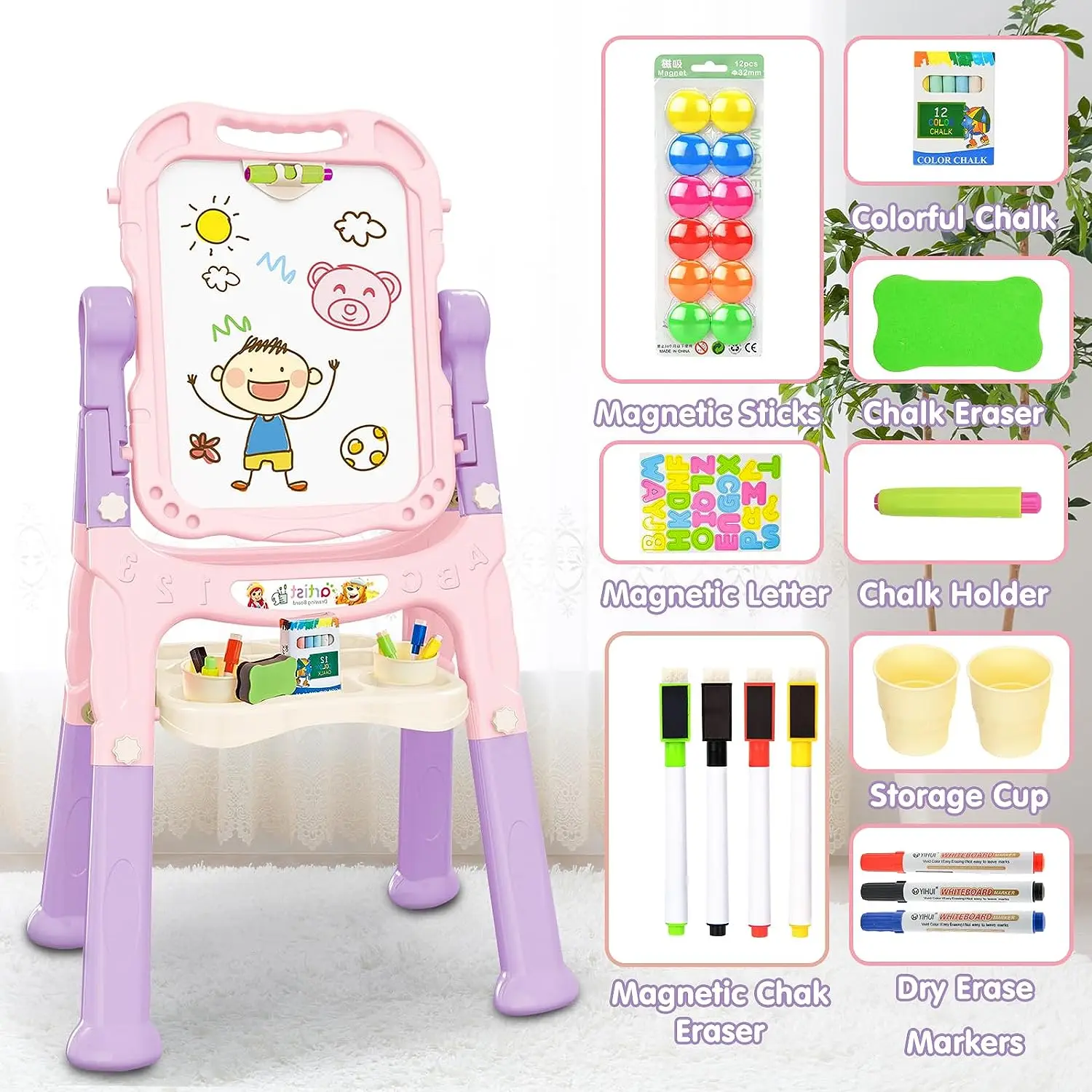 Art Easel Toys Magnetic Chalk Board with Painting Accessories Rotatable Double Sided Easel Drawing Board Toys