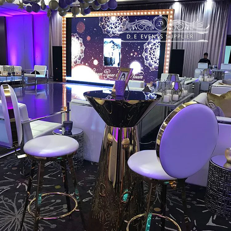
2019 hot selling gold metal +glass high luxury cocktail bar table for wedding banquet 