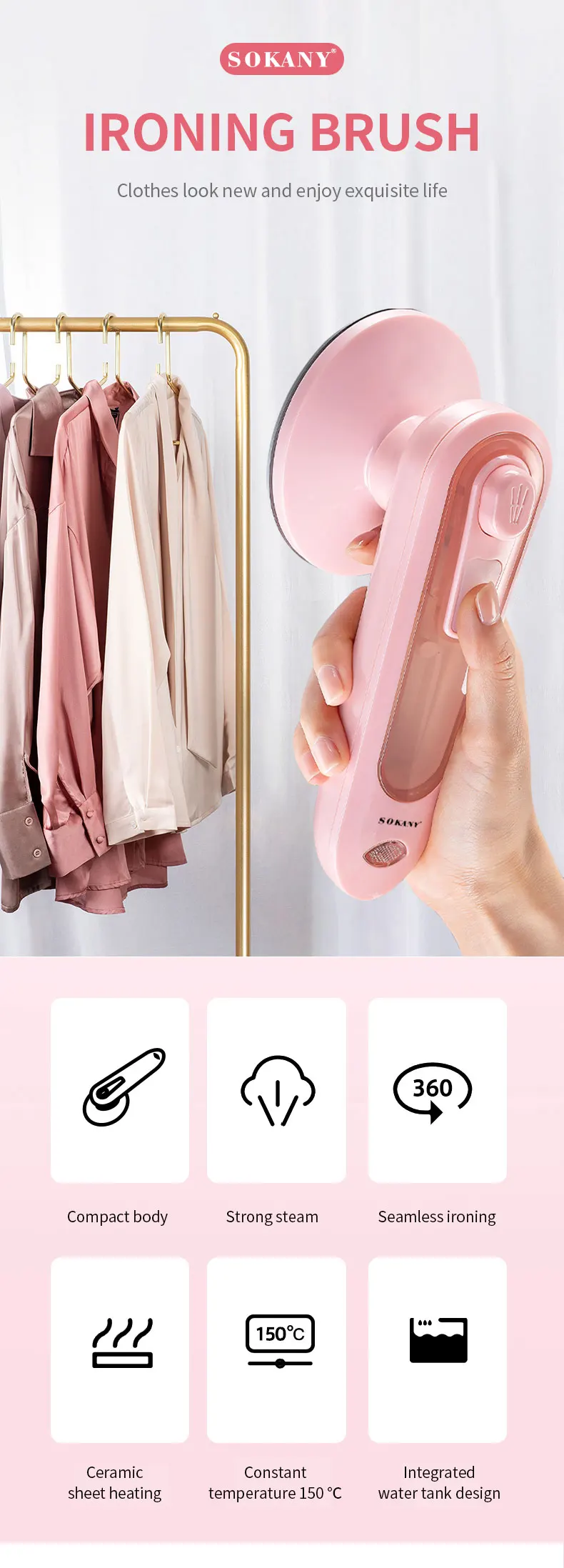 Sokany 3070 Iron Hand Held Portable Clothes Steam Irons Professional Garment Steamer