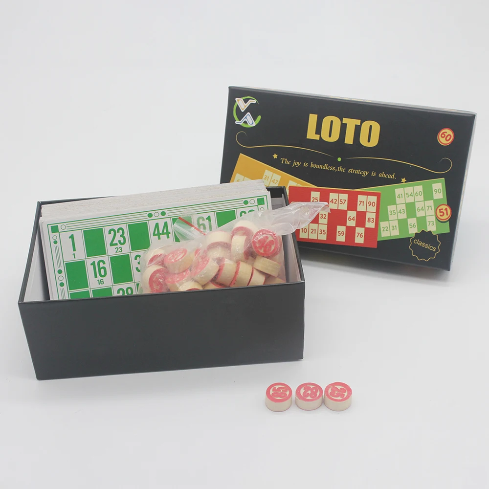 Ningbo Royal High Quality Custom Color Box Wooden Classic Bingo Board Game 90pcs Wooden Bingo Chip 48pcs bingo card