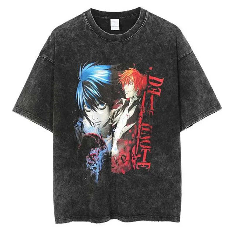 Hip hop high street tshirts washed short sleeves rock band Japan Anime printed top graphic tees blank clothes for men