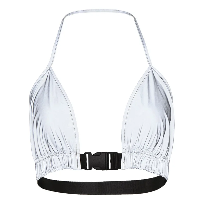 
2021 New Summer Hot Sale Reflective Slim Clothing With Buckles Waterproof Ultra Short Halter Tops For Women 