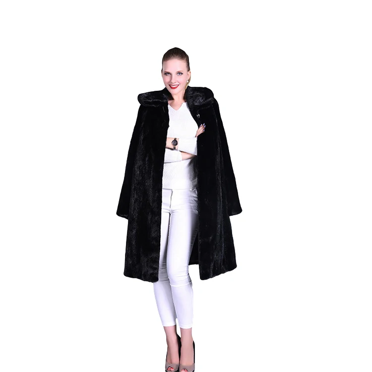 100% Real black long Mink Fur Coat With hat classic mink fur parka with hat