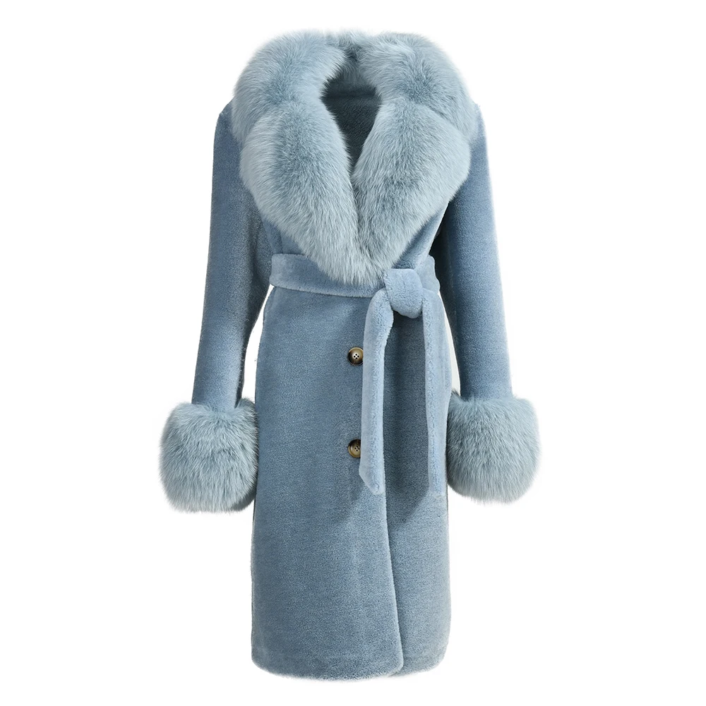 Women Winter Thick Warm Long Khaki Lamb Fur Skin Double Face Leather Coat Customize Long Shearling Coat Women