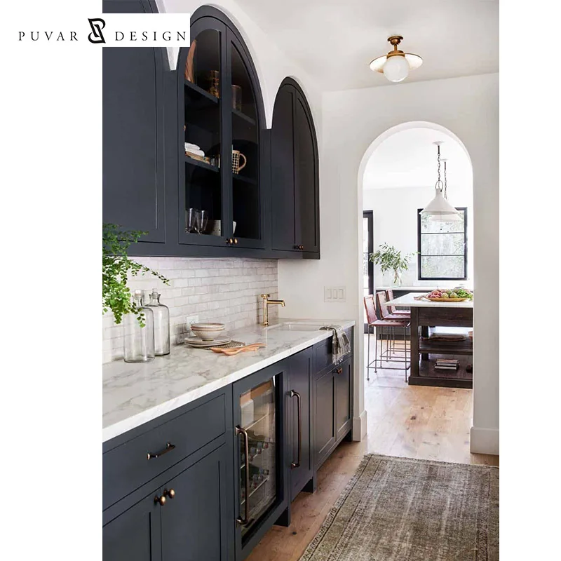 Custom modern light luxury american u shape navy blue wooden kitchen cabinets with island set
