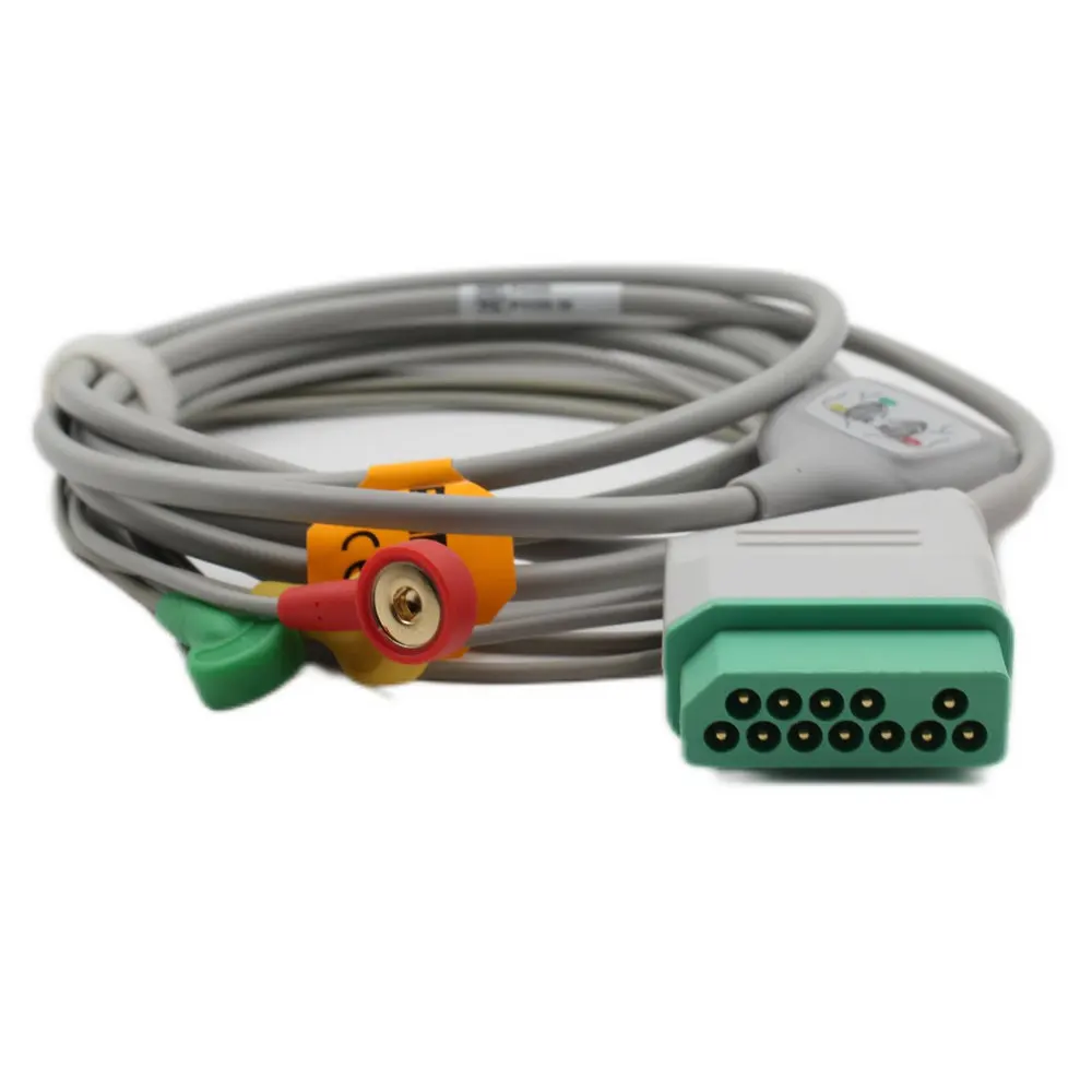 Plinma Hot selling Medical ECG Cable Compatible for Nihon kohden one-piece 3 leads ECG Cable with leadwires Snap 12pin EKG-Kabel