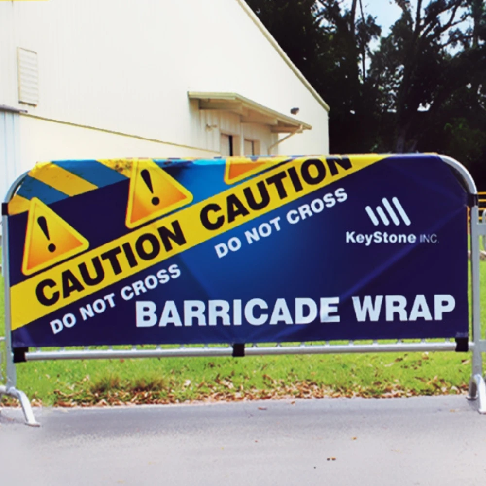 Factory Caution Police Barrier Warp Covers Full Color Digital Printed Both Side Fabric Banner Mockup Velcro Stitching Fire-Rated