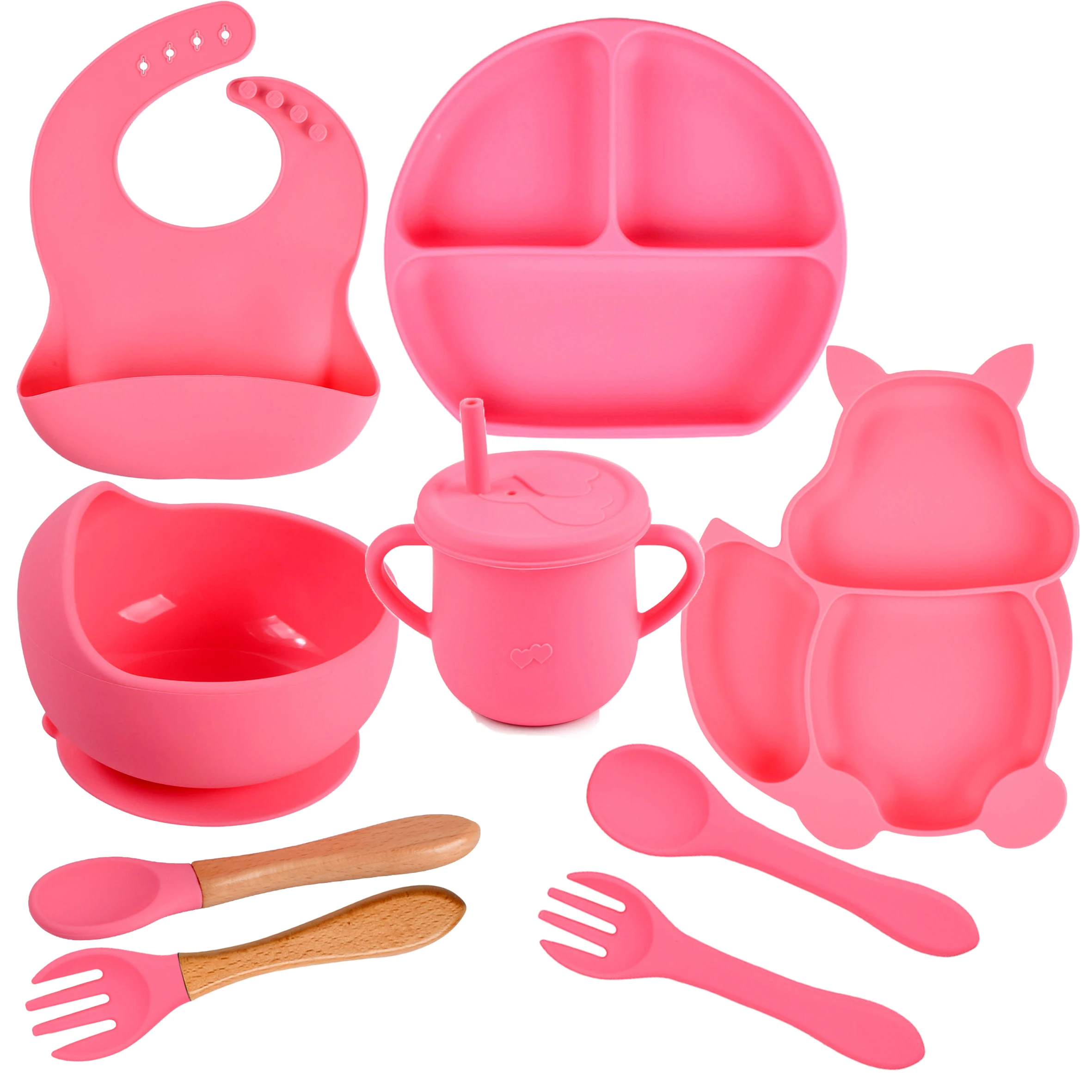 Baby Feeding Set Silicone Bib Plate Suction Bowl Soft Heat Sensitive Spoons Feeding Set Adjustable Bib Easily Clean Perfec