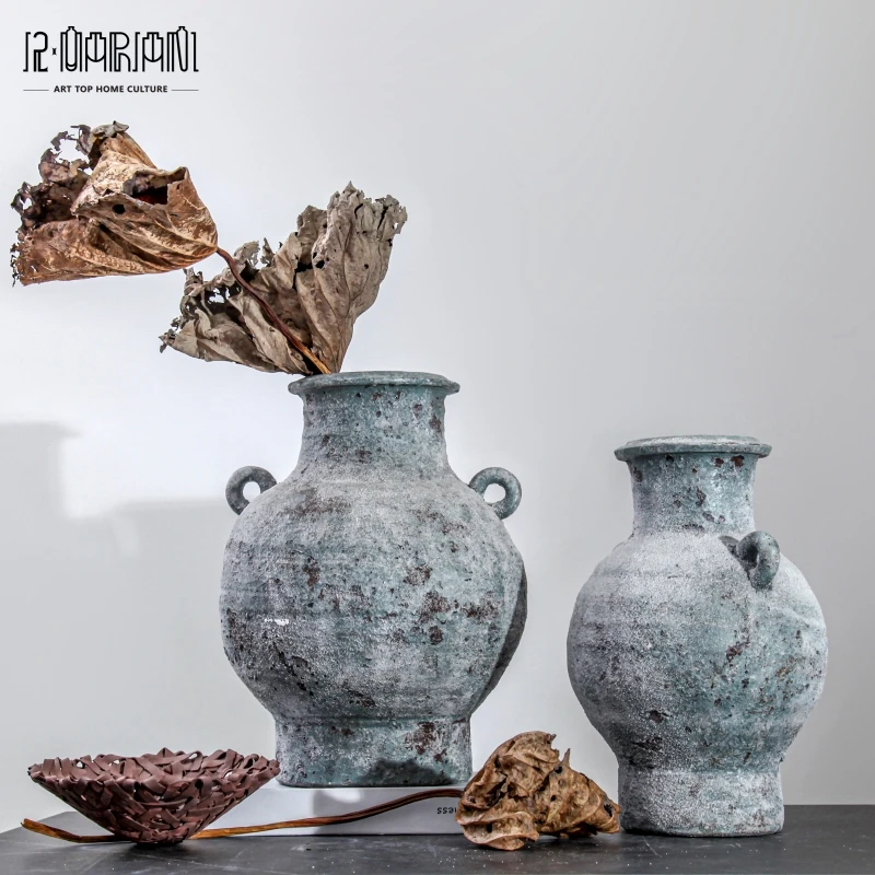 Nordic Europe Classic Farmhouse Coarse Blue Terracotta Rustic Vintage With Handle Floor Flower Vase For Decoration