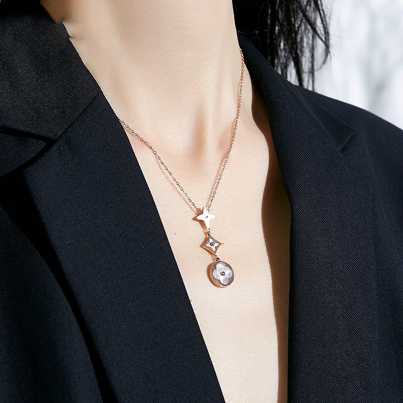 
White shell new trendy clove choker rose gold lucky stainless steel initial chain necklace women,Acrylic Chain 