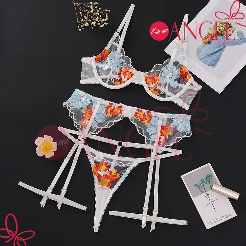С надписью «KISS ME» («Поцелуй Ангел прозрачная белая дизайнерская вышивка подвязки Прозрачное нижнее белье бюстгальтер и трусики