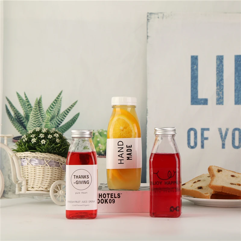 
Disposable PET Plastic Juice Beverage Bottle Square Portable To Go With Transparent Tape Cover To Seal Empty Beverage Bottles 