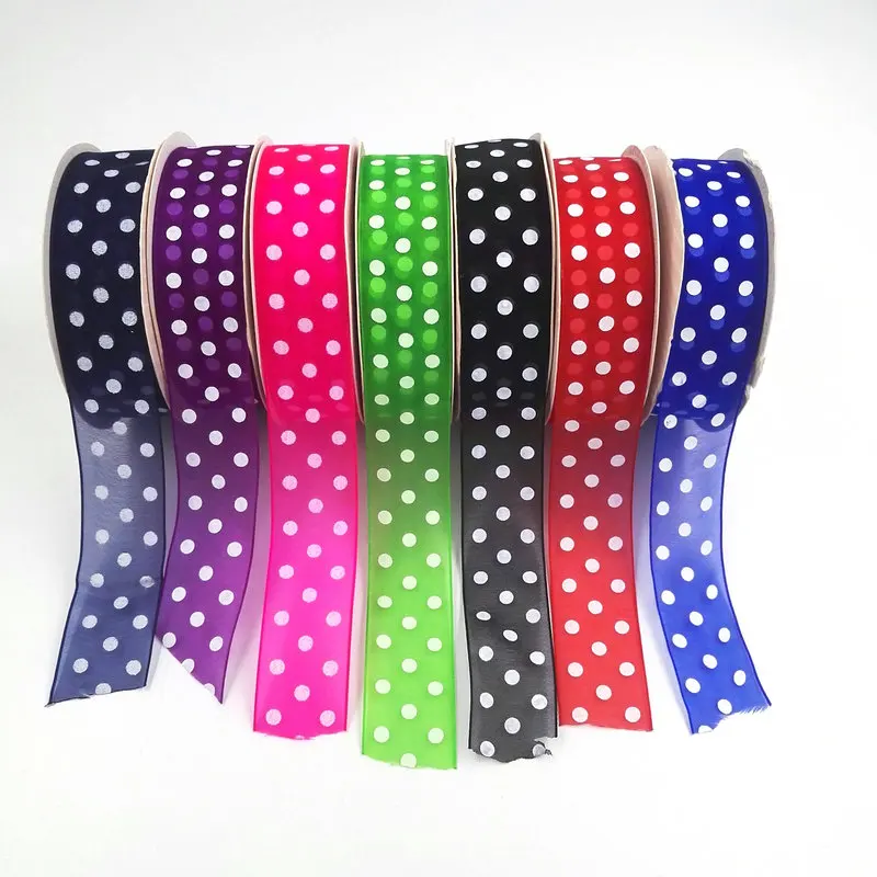 Украшение для упаковки подарков на день Святого Валентина, оптовая продажа, Полиэстеровая ткань в горошек, тканая лента из органзы 7/8 дюйма x 7 ярдов