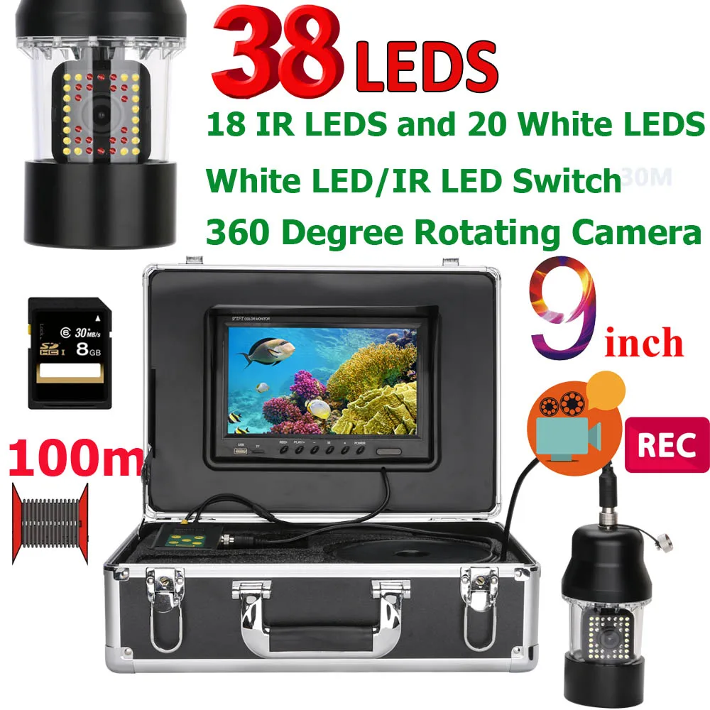 9 Inch DVR Recorder 100m Underwater Fishing Video Camera Fish Finder IP68 Waterproof 38 LEDs 360 Degree Rotating Camera