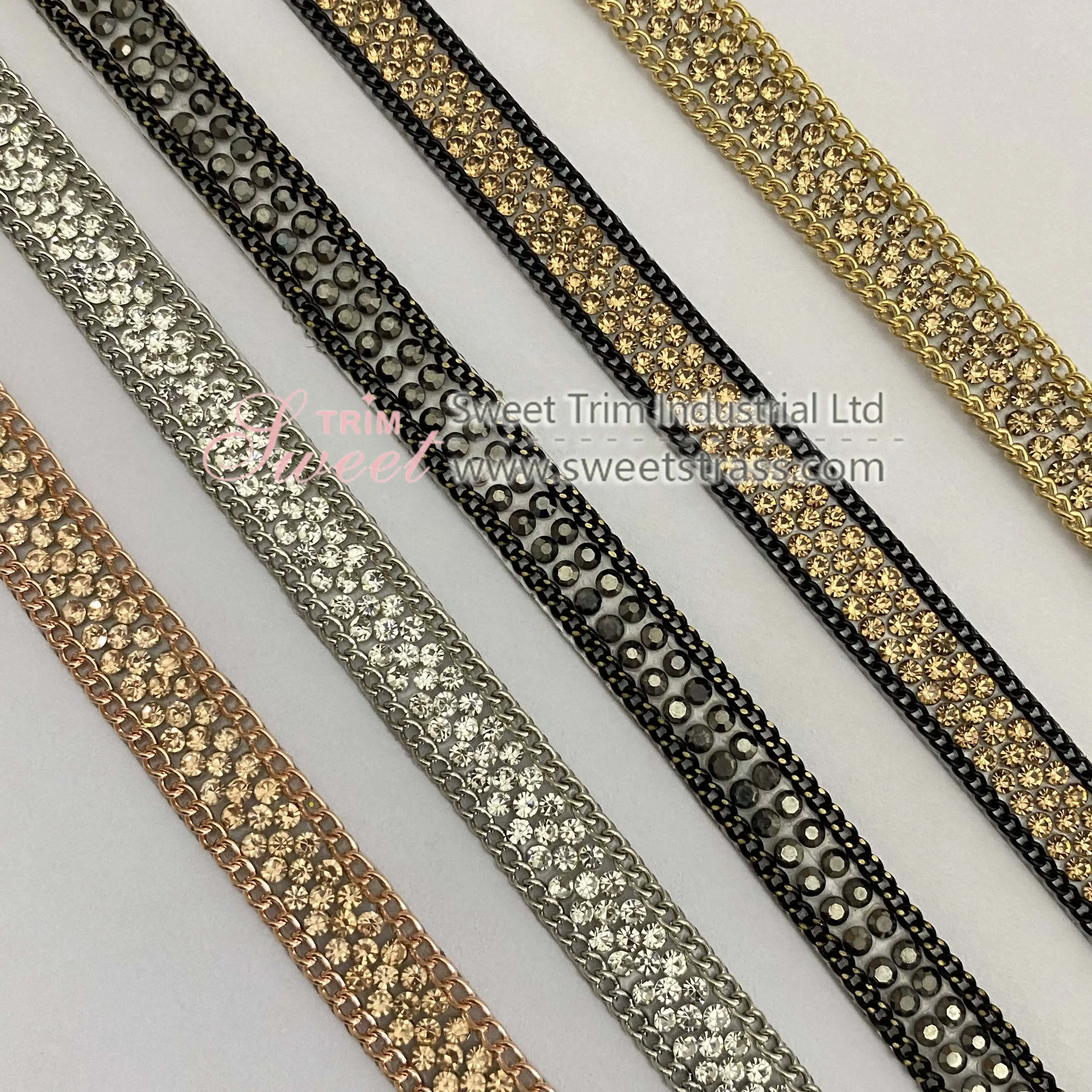 Hot Fix Crystal Beads with Metal Chain Rhinestone Tape Strip Trim for Garment Decoration Shoes Handbags