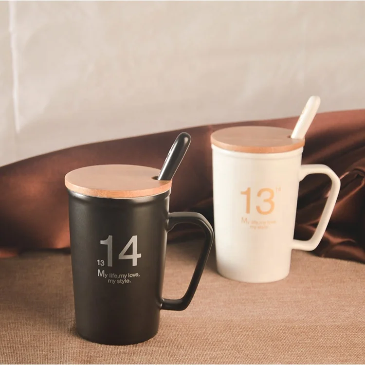 Ceramic black coffee cup porcelain coffee mug with lid and spoon for Valentine gift