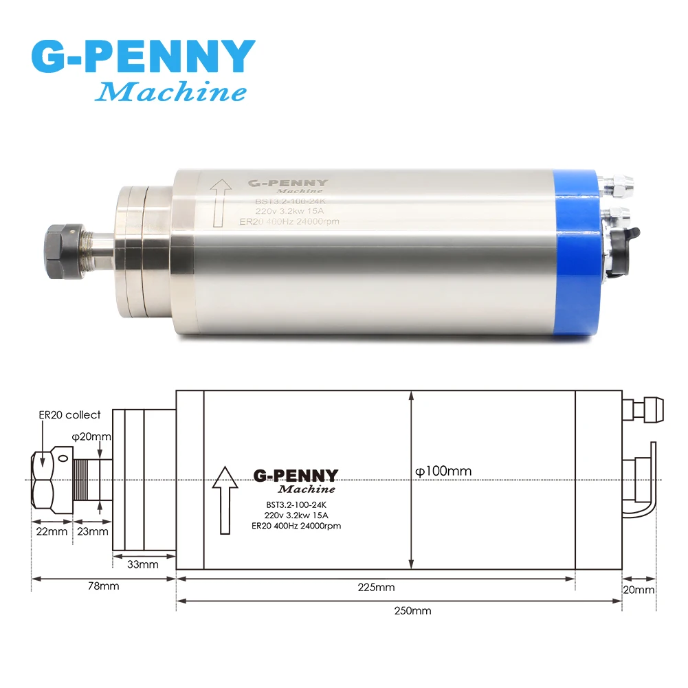  3.2kw ER20 с водяным охлаждением шпинделя 220v/380v деревообрабатывающий фрезерный Шпиндельный Мотор 4 шт шаровых подшипников Диаметр 100 мм * 250 24000 об/мин 400