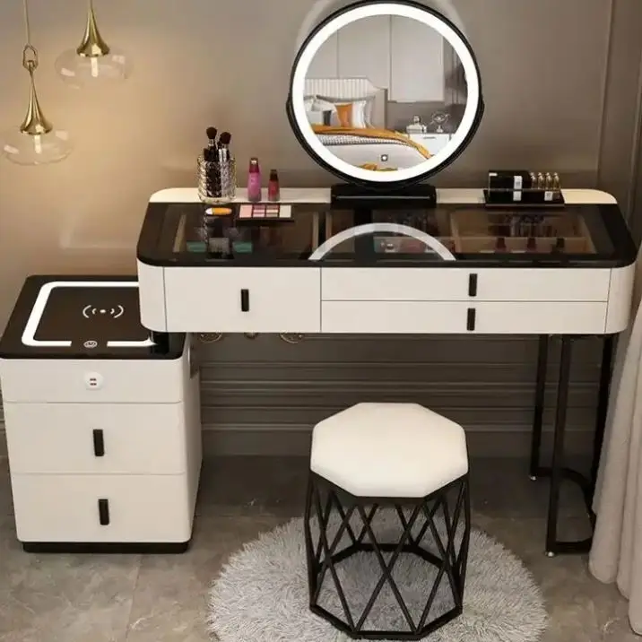 Modern Furniture Vanity Makeup Dresser One Set Design Metal Feet Bedroom Dressing Table With LED Mirror Wireless Charging