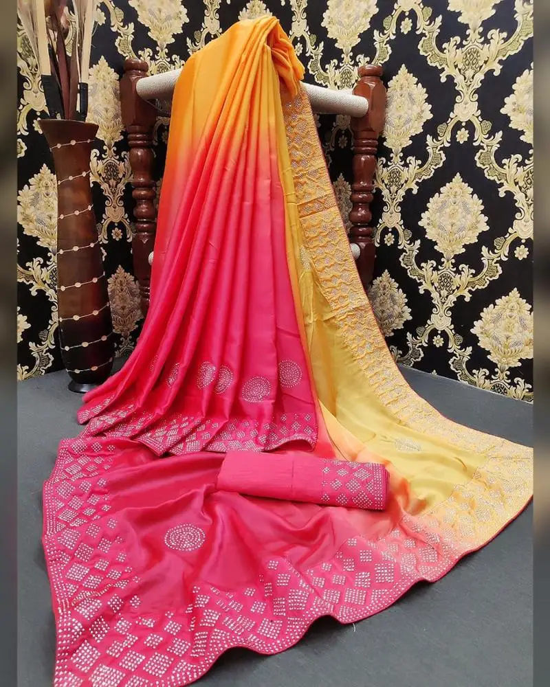 Self Designed Party wear Designer Net and velvet Silk half and half Embroidered Saree with Blouse Indian women