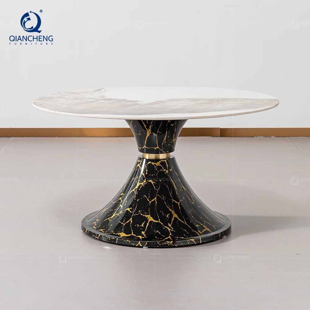 QIANCHENG Design Ceramic Top Gold Chrome Metal Round Coffee Table Set Elegant Modern Home Furniture Console Coffee Side Tables
