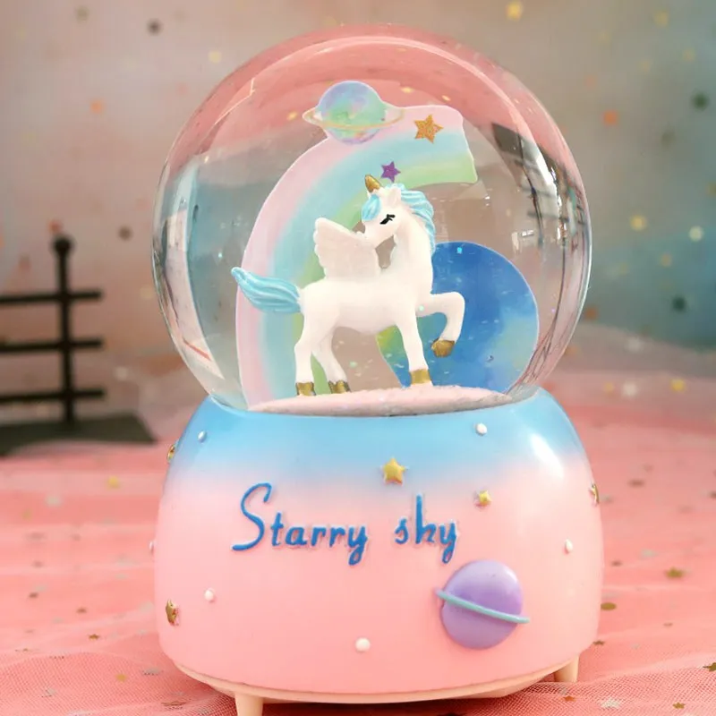 Crystal Ball Girl Heart Unicorn Luminous Snowflake Music Box Girlfriend Birthday Gift Resin Ornament Snow Globe (1600522720233)