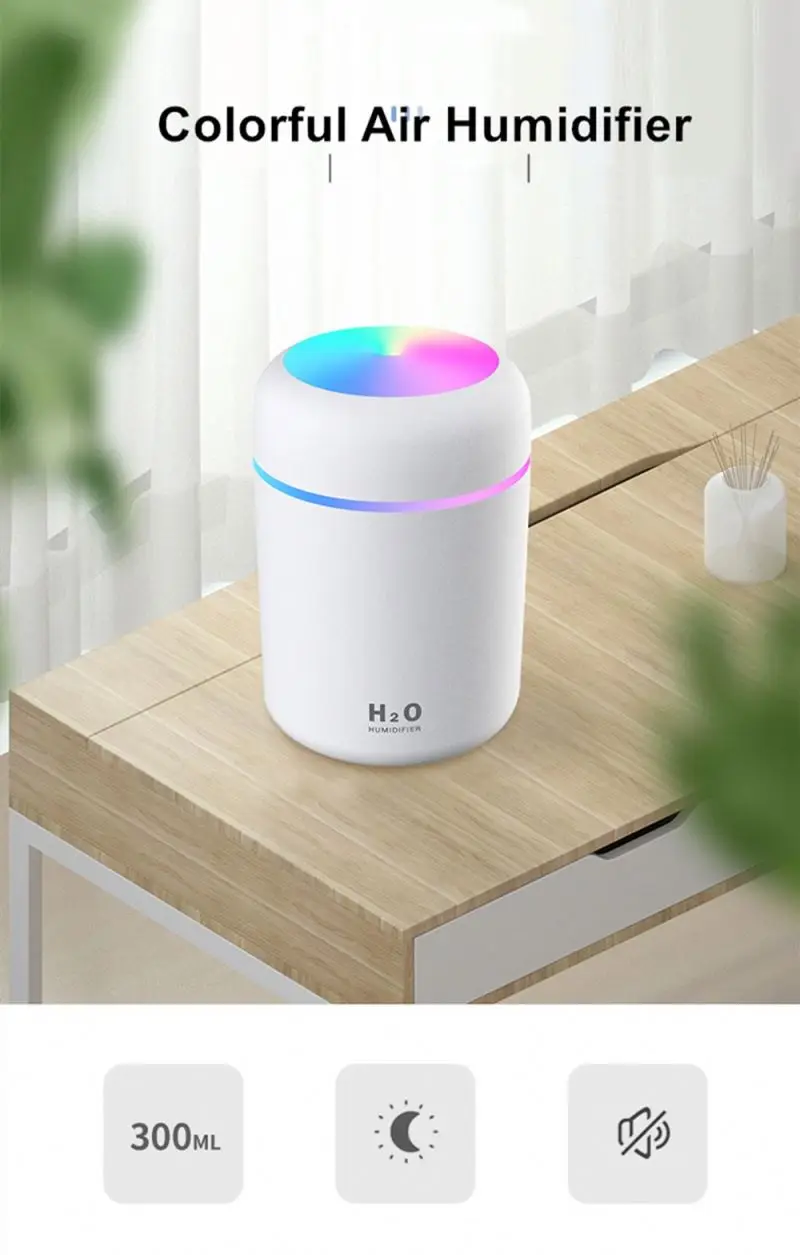 2023 Portable LED light mini 300ml h2o Spray Mist humidifier Double Wet Aroma Essential Oil Diffuser Car usb air humidifier