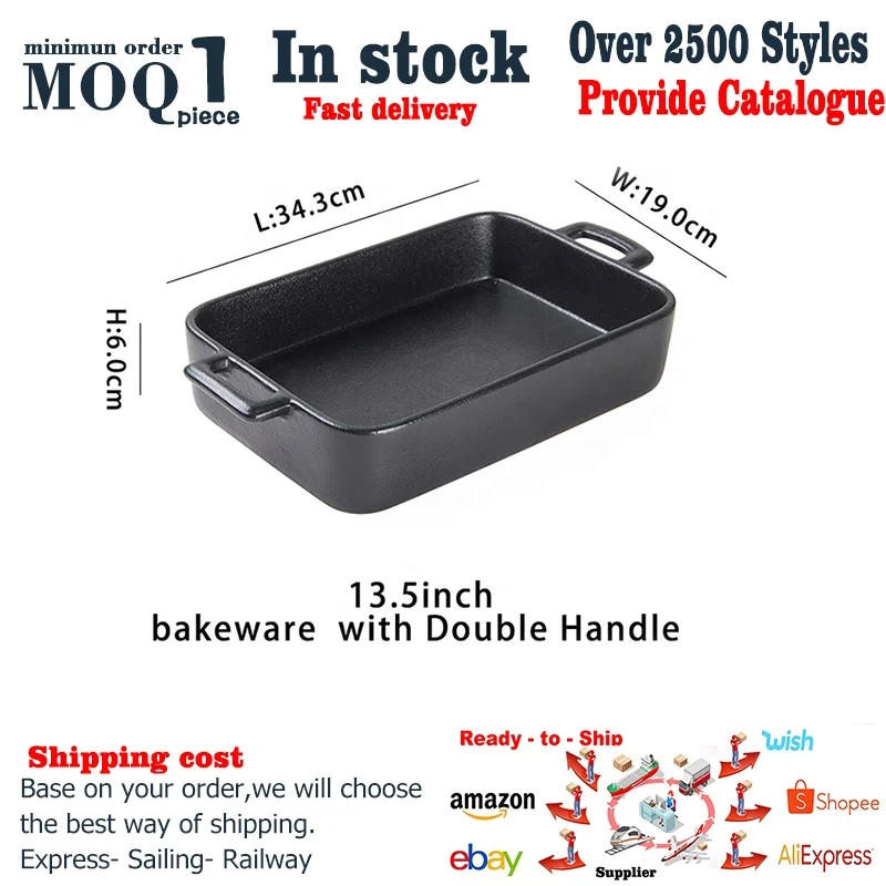 Custom Logo Rectangle Stoneware Bread Bakeware Pans with Double Handle black Ceramic Baking Tray Use of microwave oven