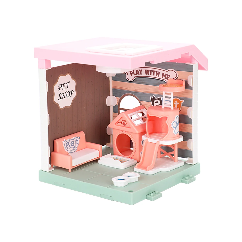 Kids Handmade Mini Dollhouse Scene Toys Paper DIY Doll Houses With Light-up Pet Store Accessories Dog